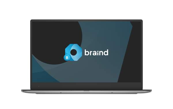 Windows PC displaying Braind logo on its screen suggested for Braind Remote Assistance, Immersive Training, and Sales & Marketing Support